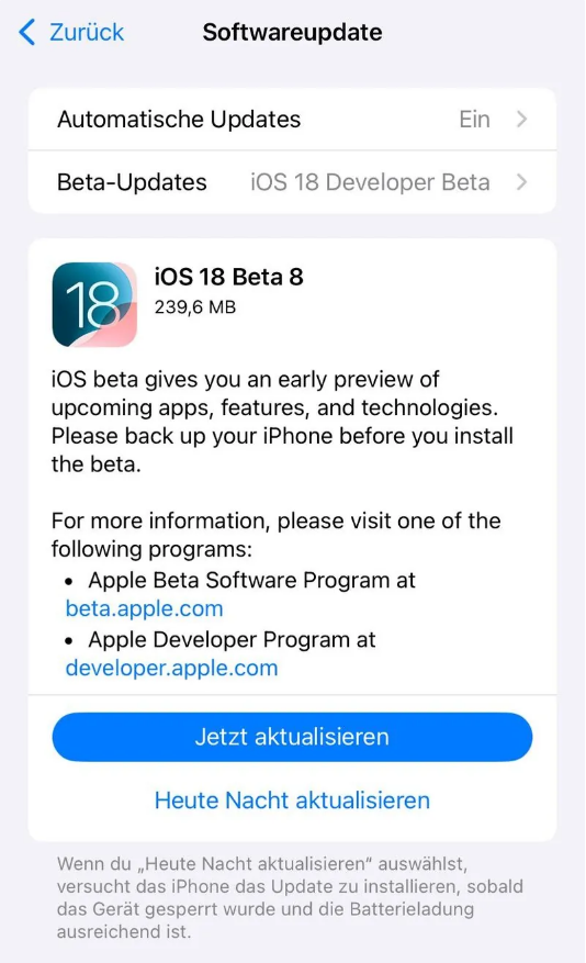 原阳苹果手机维修分享苹果 iOS / iPadOS 18 开发者预览版 Beta 8 发布 